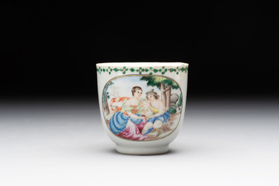 A Chinese famille rose 'Venus and Mercury' cup and saucer, Qianlong