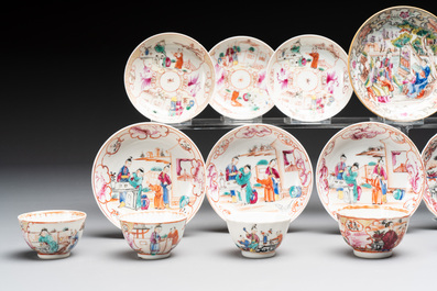 Eight Chinese Canton famille rose cups, 14 saucers and a teapot, Qianlong