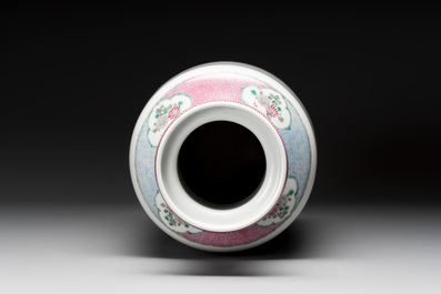 A Chinese famille rose 'pheasants and flowers' rouleau vase, 19th C.