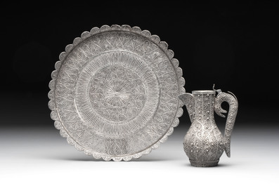 An Indo-Persian silver filigree tray and ewer, 19th C.