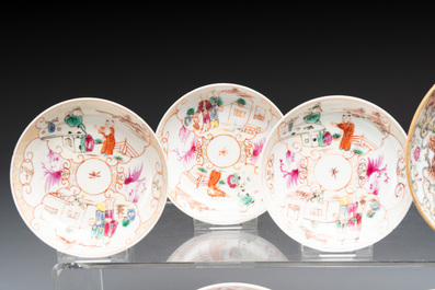 Eight Chinese Canton famille rose cups, 14 saucers and a teapot, Qianlong