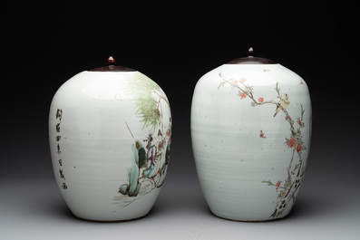 Two Chinese famille rose jars and a brush pot, signed Ju Yi Tai 聚義泰, 'B.E.E. CHINESE RESTAURANT' mark, one dated 1924, 20th C.