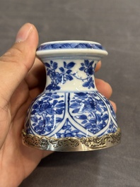 A Chinese blue and white goblet, a silver-mounted salt and a vase, Kangxi