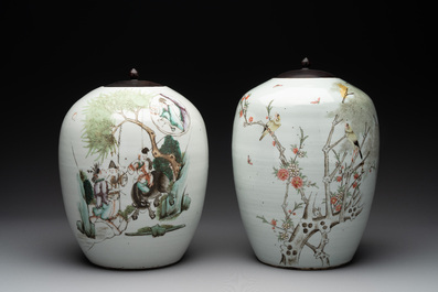 Two Chinese famille rose jars and a brush pot, signed Ju Yi Tai 聚義泰, 'B.E.E. CHINESE RESTAURANT' mark, one dated 1924, 20th C.
