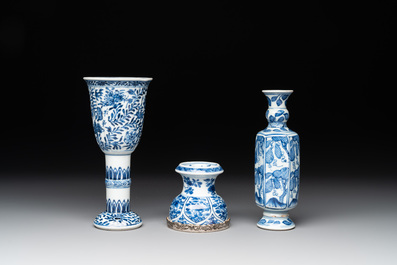 A Chinese blue and white goblet, a silver-mounted salt and a vase, Kangxi