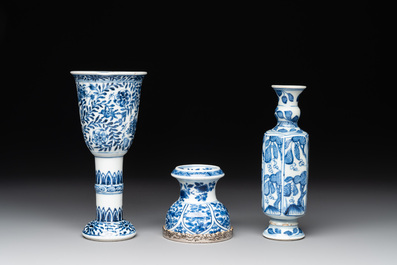 A Chinese blue and white goblet, a silver-mounted salt and a vase, Kangxi