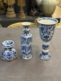 A Chinese blue and white goblet, a silver-mounted salt and a vase, Kangxi