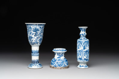 A Chinese blue and white goblet, a silver-mounted salt and a vase, Kangxi
