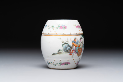 A Chinese famille rose covered jar, a 'playing boys' bowl and a 'poem' cup, Jiaqing mark, 19th C.