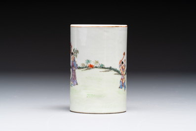 A Chinese gilt- and iron-red-decorated white-glazed Milefo Buddha, a famille rose vase and a brush pot, Qianlong and Xue Changseng 薛長森 mark, 20th C.