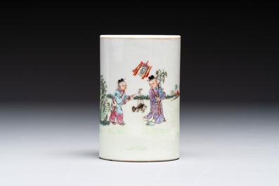 A Chinese gilt- and iron-red-decorated white-glazed Milefo Buddha, a famille rose vase and a brush pot, Qianlong and Xue Changseng 薛長森 mark, 20th C.