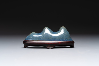 A Chinese blue-glazed Yixing stoneware 'lotus' bowl, and a brush rest on wooden stand, 18/19th C.
