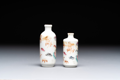 Two Chinese famille rose 'erotic' snuff bottles and a leaf-shaped saucer, 19th C.