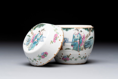 A Chinese famille rose covered jar, a 'playing boys' bowl and a 'poem' cup, Jiaqing mark, 19th C.