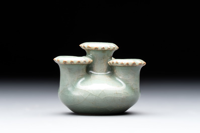 A rare Chinese Longquan celadon quadruple-neck incense holder, Southern Song