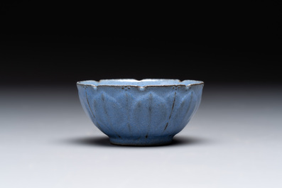 A Chinese blue-glazed Yixing stoneware 'lotus' bowl, and a brush rest on wooden stand, 18/19th C.