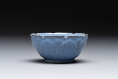A Chinese blue-glazed Yixing stoneware 'lotus' bowl, and a brush rest on wooden stand, 18/19th C.