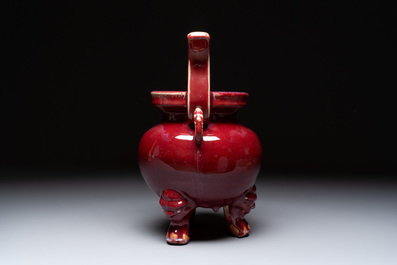 A Chinese flamb&eacute;-glazed tripod censer with 'ruyi' handles, 19th C.