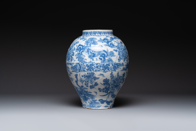 A large blue and white Delftware chinoiserie vase, Delft or Frankfurt, 17th C.