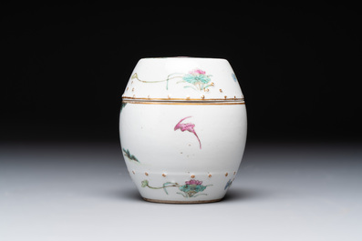 A Chinese famille rose covered jar, a 'playing boys' bowl and a 'poem' cup, Jiaqing mark, 19th C.