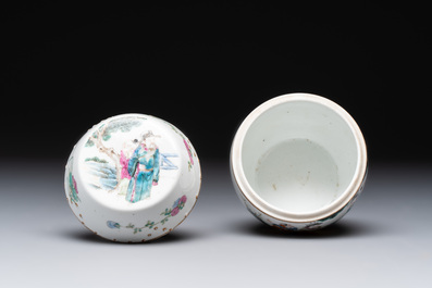 A Chinese famille rose covered jar, a 'playing boys' bowl and a 'poem' cup, Jiaqing mark, 19th C.