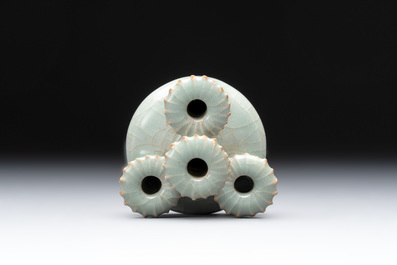A rare Chinese Longquan celadon quadruple-neck incense holder, Southern Song