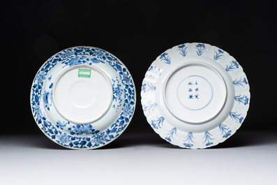 A Chinese blue and white 'heightened medallion' dish and a 'hunting' dish, Chenghua mark, Kangxi/Yongzheng