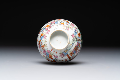 A Chinese famille rose covered jar, a 'playing boys' bowl and a 'poem' cup, Jiaqing mark, 19th C.