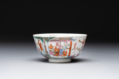 A Chinese famille rose covered jar, a 'playing boys' bowl and a 'poem' cup, Jiaqing mark, 19th C.