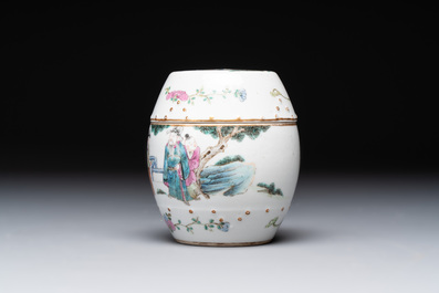 A Chinese famille rose covered jar, a 'playing boys' bowl and a 'poem' cup, Jiaqing mark, 19th C.