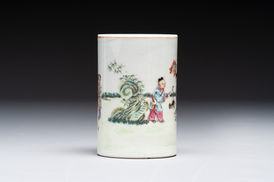 A Chinese gilt- and iron-red-decorated white-glazed Milefo Buddha, a famille rose vase and a brush pot, Qianlong and Xue Changseng 薛長森 mark, 20th C.
