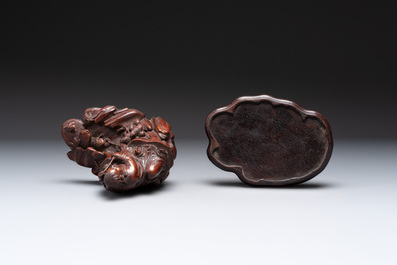 A fine Chinese carved bamboo group with Liuhai on wooden stand, 19th C.