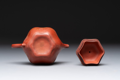 Three Chinese Yixing stoneware teapots and covers,  Jingxi Xu Wenting Zhi 荊溪徐溫庭製 and Yang Xian Xi Yin Shi Wang 陽羨惜陰室王 mark, 20th C.