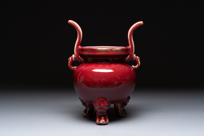 A Chinese flamb&eacute;-glazed tripod censer with 'ruyi' handles, 19th C.