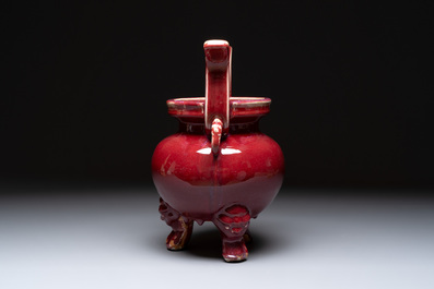 A Chinese flamb&eacute;-glazed tripod censer with 'ruyi' handles, 19th C.