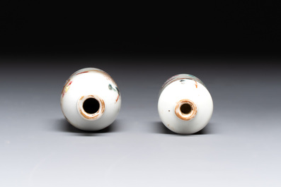 Two Chinese famille rose 'erotic' snuff bottles and a leaf-shaped saucer, 19th C.