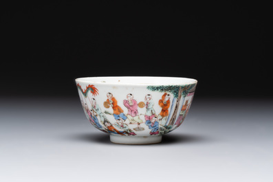 A Chinese famille rose covered jar, a 'playing boys' bowl and a 'poem' cup, Jiaqing mark, 19th C.