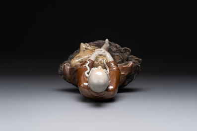 A Chinese brown- and caf&eacute;-au-lait-glazed Luohan, Zeng Longsheng 曾龍升 mark, 20th C.