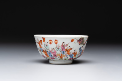 A Chinese famille rose covered jar, a 'playing boys' bowl and a 'poem' cup, Jiaqing mark, 19th C.