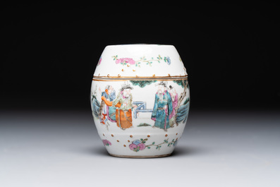 A Chinese famille rose covered jar, a 'playing boys' bowl and a 'poem' cup, Jiaqing mark, 19th C.