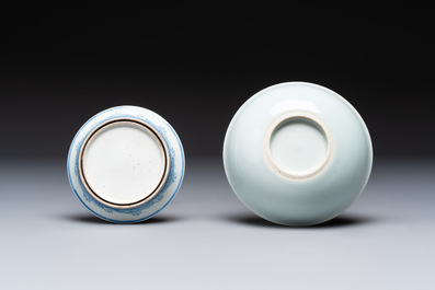 A Chinese monochrome 'anhua' 'dragon' bowl and a blue and white 'dragon' saucer, 18/19th C.