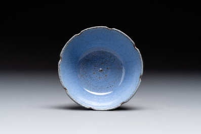 A Chinese blue-glazed Yixing stoneware 'lotus' bowl, and a brush rest on wooden stand, 18/19th C.