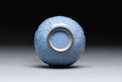 A Chinese blue-glazed Yixing stoneware 'lotus' bowl, and a brush rest on wooden stand, 18/19th C.