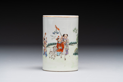 A Chinese gilt- and iron-red-decorated white-glazed Milefo Buddha, a famille rose vase and a brush pot, Qianlong and Xue Changseng 薛長森 mark, 20th C.