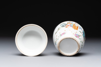 A Chinese famille rose covered jar, a 'playing boys' bowl and a 'poem' cup, Jiaqing mark, 19th C.