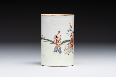 A Chinese gilt- and iron-red-decorated white-glazed Milefo Buddha, a famille rose vase and a brush pot, Qianlong and Xue Changseng 薛長森 mark, 20th C.