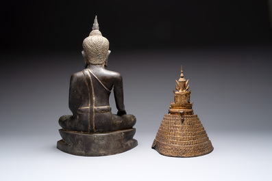 A Thai bronze Buddha in bhumisparsha mudra and a gilt-and-red-lacquered bronze Buddha on a high pedestal with devotees, 18/19th C.