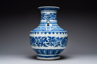 A large Chinese blue and white 'lotus and peony scroll' 'hu' vase, 19th C.