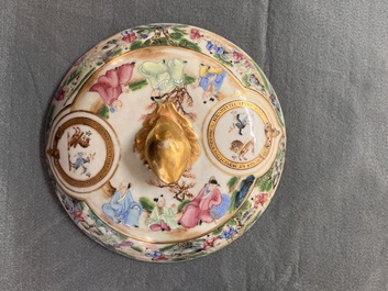 A pair of Chinese Canton famille rose armorial tureens, inner bowls and covers with the arms of Clerke, 19th C.
