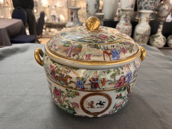 A pair of Chinese Canton famille rose armorial tureens, inner bowls and covers with the arms of Clerke, 19th C.